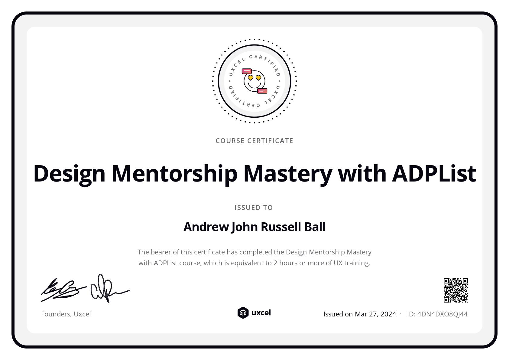 Andrew John Russell Ball's certificate